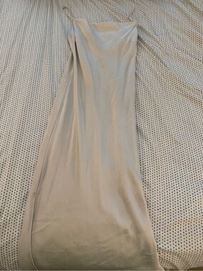 Express Satin Slip Midi Dress in Light Beige
